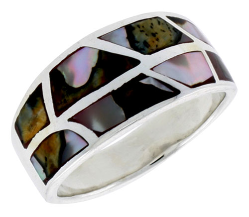 Sterling Silver Flat Band, w/Brown & White Mother of Pearl Inlay, 1/2" (12 mm) wide