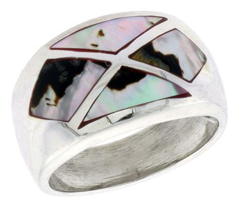 Sterling Silver Dome Band, w/Colorful Mother of Pearl Inlay, 9/16" (14 mm) wide
