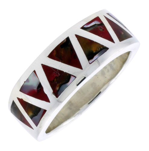 Sterling Silver Triangular Pattern Flat Band, w/Colorful Mother of Pearl Inlay, 3/8" (10 mm) wide