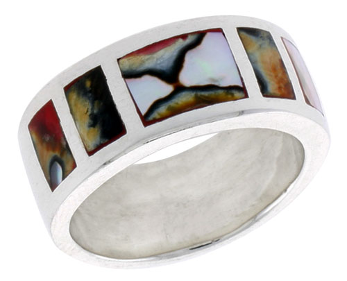 Sterling Silver Square Pattern Flat Band, w/Colorful Mother of Pearl Inlay, 3/8" (10 mm) wide