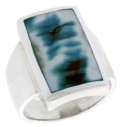 Sterling Silver Rectangular Shell Ring, w/Blue-Green Mother of Pearl Inlay, 7/8" (22 mm) wide