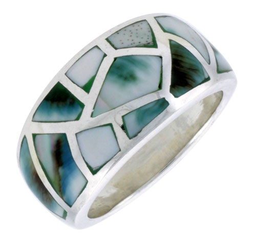 Sterling Silver Dome Band, w/Blue-Green Mother of Pearl Inlay, 9/16" (14 mm) wide