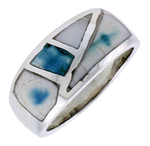 Sterling Silver Fancy Band, w/Blue-Green Mother of Pearl Inlay, 7/16" (11 mm) wide