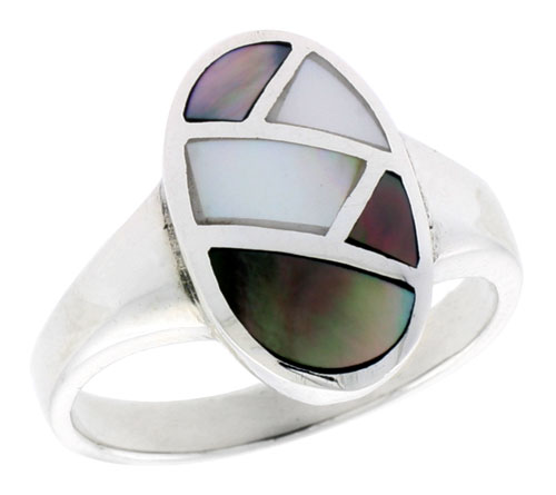 Sterling Silver Oval Shell Ring, w/Colorful Mother of Pearl Inlay, 11/16" (17 mm) wide