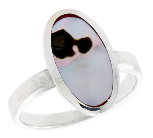 Sterling Silver Oval Shell Ring, w/Brown & White Mother of Pearl Inlay, 11/16" (17 mm) wide