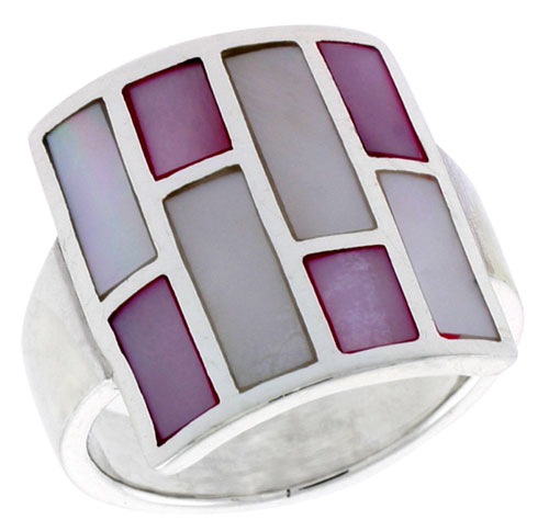 Sterling Silver Square-shaped Shell Ring, w/Pink & White Mother of Pearl Inlay, 7/8" (22 mm) wide