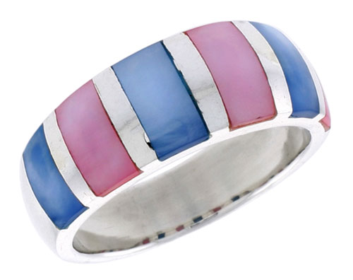 Sterling Silver Striped Dome Shell Ring, w/Pink & White Mother of Pearl Inlay, 3/8" (9 mm) wide
