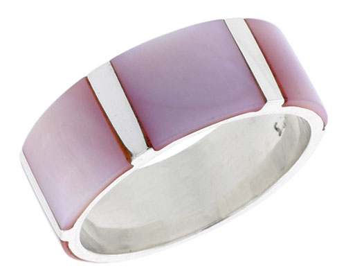 Sterling Silver Flat Band, w/Pink Mother of Pearl Inlay, 3/8" (10 mm) wide