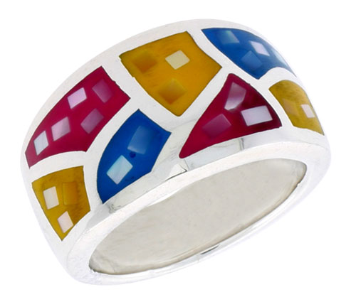Sterling Silver Dome Band, w/Colorful Mother of Pearl Inlay, 1/2" (13 mm) wide