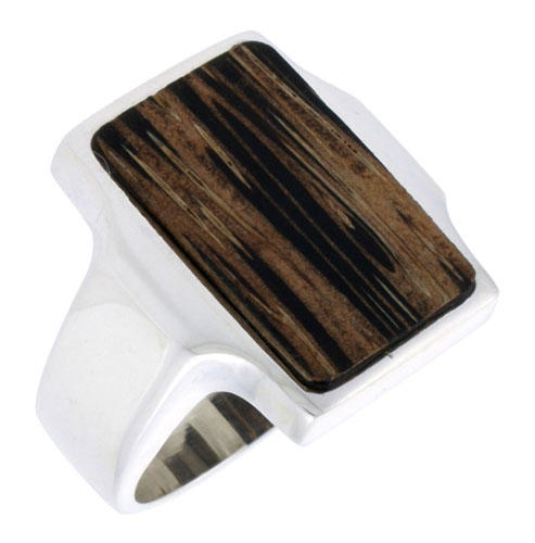 Sterling Silver Rectangular Ring, w/ Ancient Wood Inlay, 7/8" (22 mm) wide