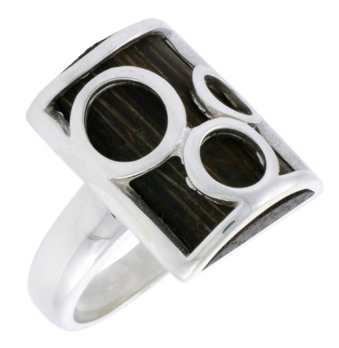 Sterling Silver Bubble Design Rectangular Ring, w/ Ancient Wood Inlay, w/ Triple Circle Cut Outs, 7/8" (22 mm) wide