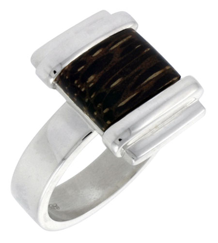 Sterling Silver Square-shaped Ring, w/ Ancient Wood Inlay, 5/8" (16 mm) wide