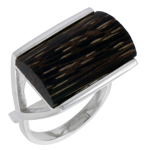 Sterling Silver Rectangular Ring, w/ Ancient Wood Inlay, 5/8" (16 mm) wide