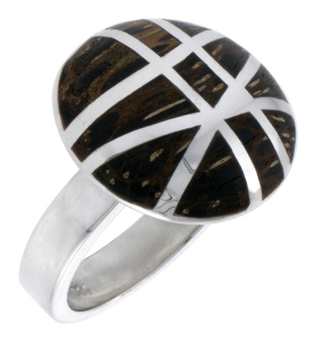 Sterling Silver Gashed Round Ring, w/ Ancient Wood Inlay, 13/16" (21 mm) wide