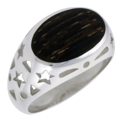 Sterling Silver Oval-shaped Ring, w/ Ancient Wood Inlay & Teeny Star Cut Outs, 9/16" (14 mm) wide