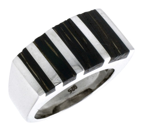 Sterling Silver Striped Rectangular Ring, w/ Ancient Wood Inlay, 9/16" (14 mm) wide