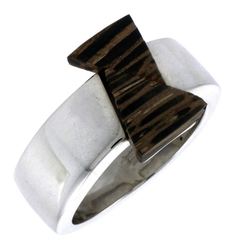 Sterling Silver Double Triangle Ring, w/ Ancient Wood Inlay, 5/8" (16 mm) wide