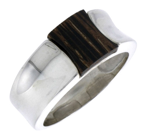 Sterling Silver Concave Ring, w/ Ancient Wood Inlay, 3/8" (10 mm) wide