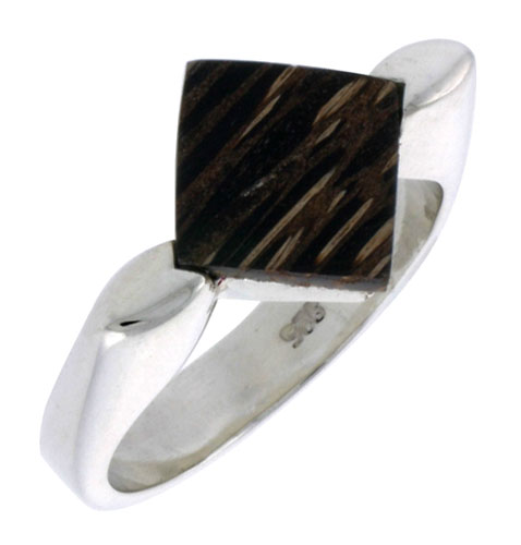 Sterling Silver Diamond-shaped Ring, w/ Ancient Wood Inlay, 9/16" (15 mm) wide