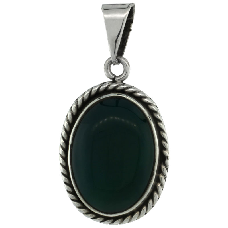 Sterling Silver Oval Malachite Stone Pendant w/ Braided Rope Edge, 1 inch tall