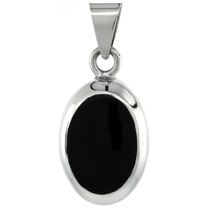 Sterling Silver Black Obsidian Pendant Large Oval Shape, 1 1/2 inch tall