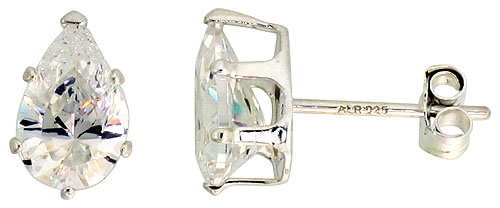 Sterling Silver Cubic Zirconia Teardrop Earrings Studs 1 3/4 carat/pair