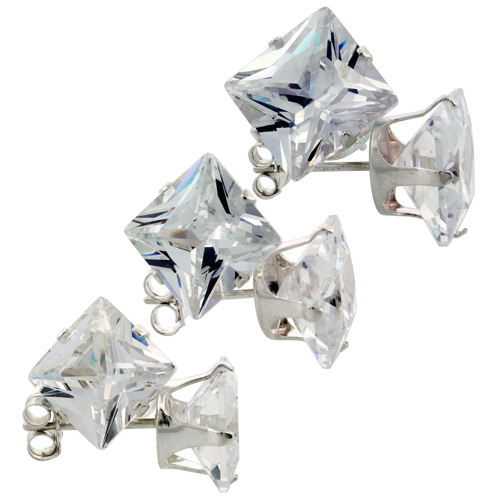 3 Pair Set Sterling Silver Cubic Zirconia Square Earrings Studs 8, 9 and 10mm Princess cut