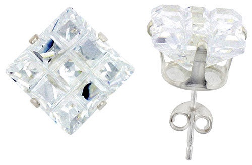 Sterling Silver Cubic Zirconia Invisible Cut Square Earrings Studs 10 mm 4 Prong 11 carat/pair