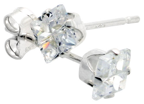 Sterling Silver Cubic Zirconia Invisible Cut Square Earrings Studs 4 mm 4 Prong 1/3 carat/pair