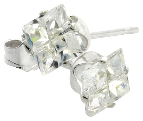 Sterling Silver Cubic Zirconia Invisible Cut Square Earrings Studs 5 mm 4 Prong 1.5 carats/pair