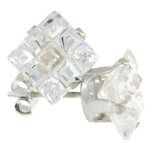 Sterling Silver Cubic Zirconia Invisible Cut Square Earrings Studs 7 mm 4 Prong 4 carat/pair