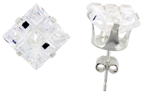 Sterling Silver Cubic Zirconia Invisible Cut Square Earrings Studs 8 mm 4 Prong 6 carat/pair