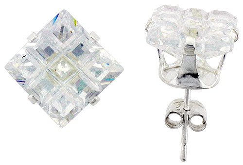 Sterling Silver Cubic Zirconia Invisible Cut Square Earrings Studs 9 mm 4 Prong 8 carat/pair