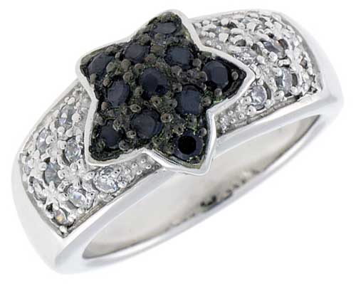 Sterling Silver Star Ring, Rhodium Plated w/ 18 White & 11 Black 2mm CZ's, 7/16" (10 mm) wide