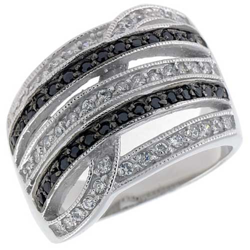 Sterling Silver Freeform Ring, Rhodium Plated w/ 39 White & 29 Black CZ's, 5/8" (17 mm) wide