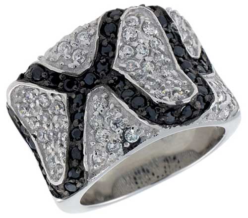 Sterling Silver Freeform Band, Rhodium Plated w/ 56 White & 40 Black CZ's, 9/16" (15 mm) wide