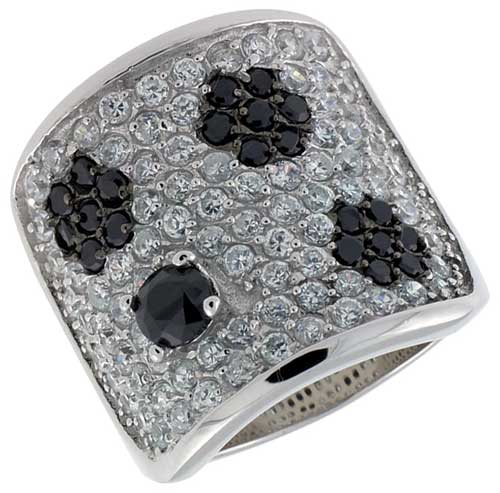 Sterling Silver Floral Band, Rhodium Plated w/ 2mm Black & White CZ's, 13/16" (21 mm) wide
