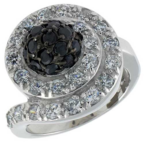 Sterling Silver Spiral Ring, Rhodium Plated w/ 2mm 23 White &16 Black CZ's, 11/16" (17 mm) wide