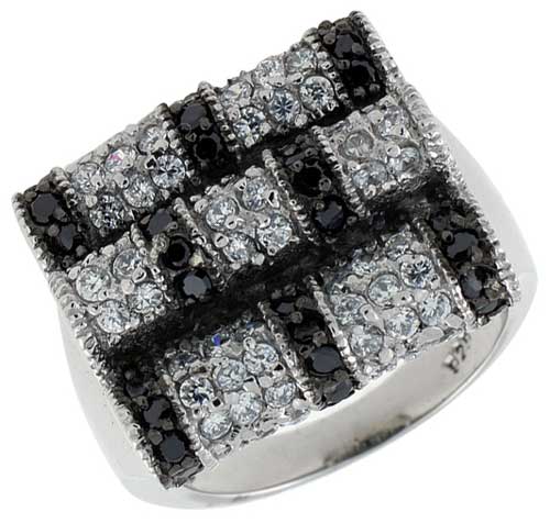 Sterling Silver Square Ring, Rhodium Plated w/ 2mm Black & White CZ's, 11/16" (18 mm) wide