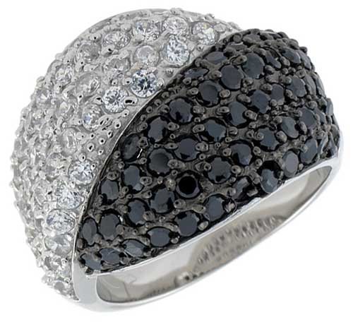 Sterling Silver Dome Ring, & Rhodium Plated w/ 2mm High Quality Black & White CZ's, 3/4" (19 mm) wide
