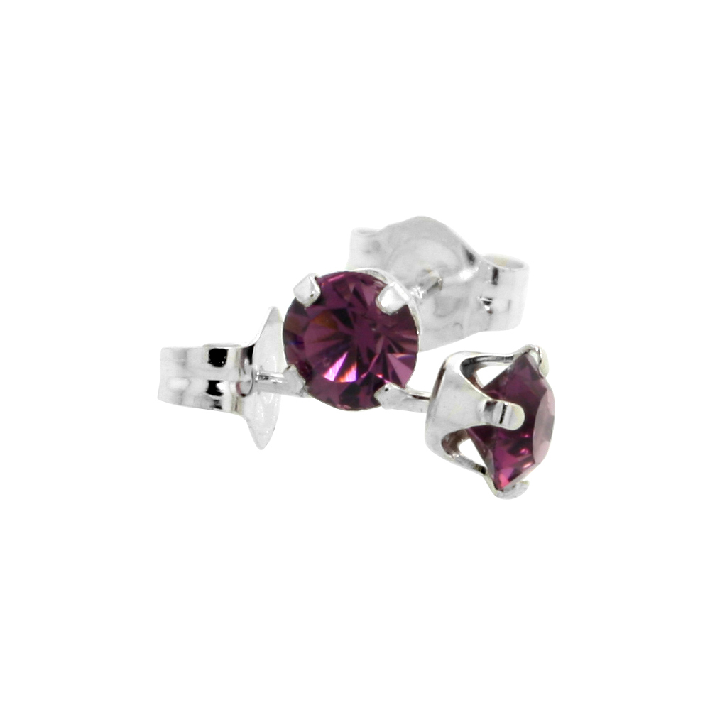 Sterling Silver 4mm Round Amethyst Color Crystal Stud Earrings February Birthstones with Swarovski Crystals 1/2 ct total