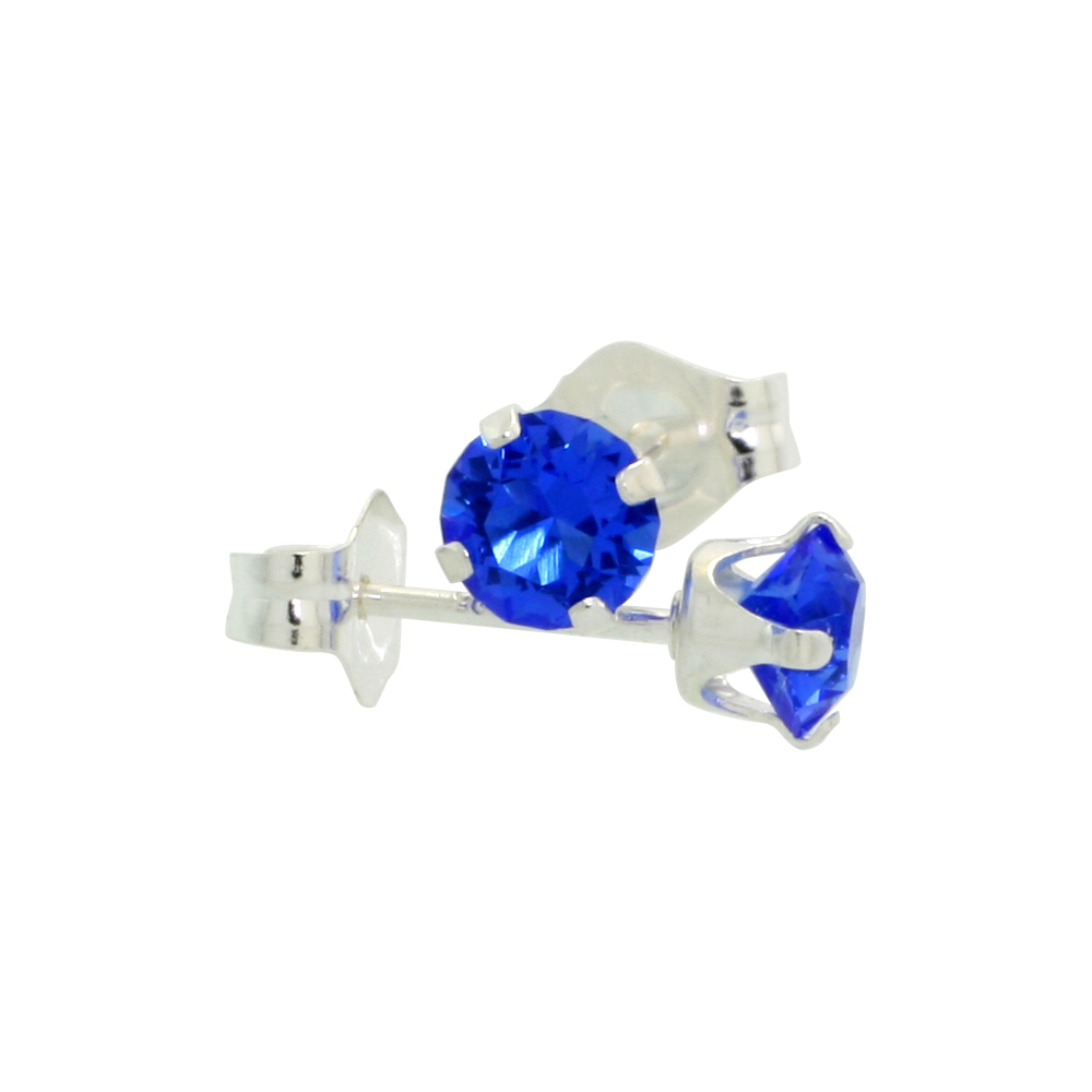 STERLING SILVER 4MM ROUND BLUE SAPPHIRE COLOR CRYSTAL STUD EARRINGS SEPTEMBER BIRTHSTONES AUSTRIAN CUT 1/2 CT TOTAL