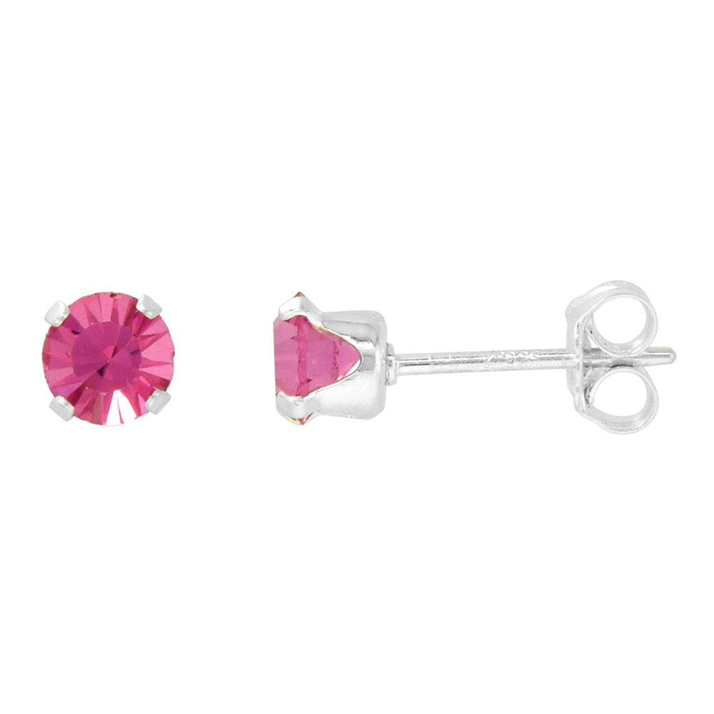 STERLING SILVER 4MM ROUND PINK COLOR CRYSTAL STUD EARRINGS OCTOBER BIRTHSTONES AUSTRIAN CUT 1/2 CT TOTAL