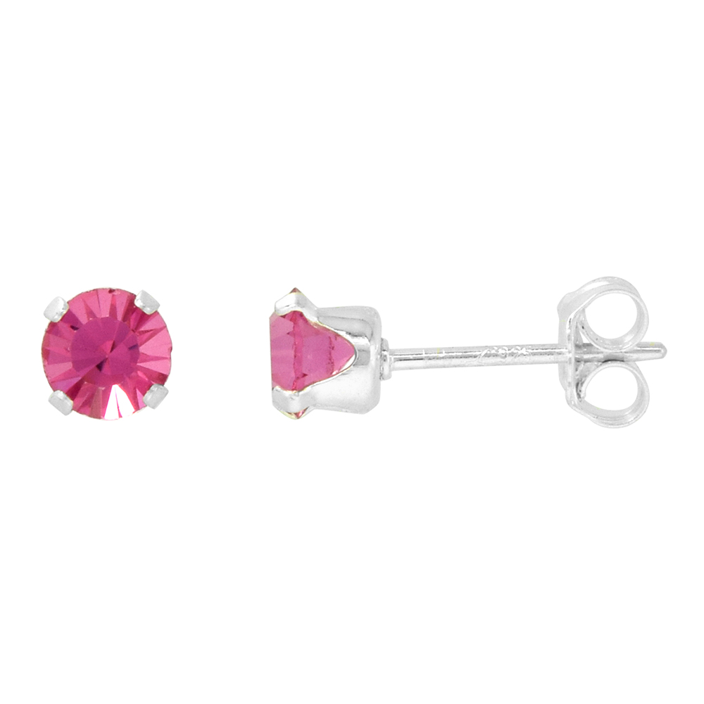 Sterling Silver 4mm Round Pink Color Crystal Stud Earrings October Birthstones with Swarovski Crystals 1/2 ct total