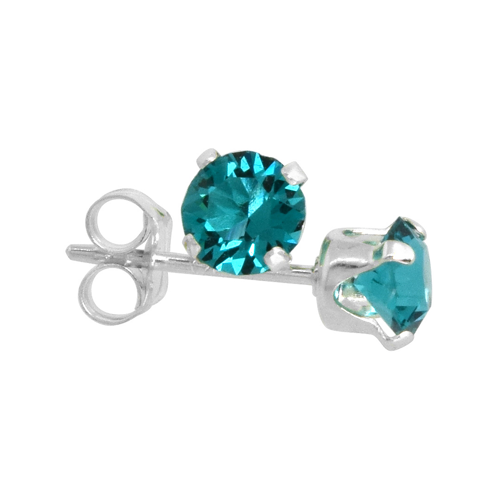 STERLING SILVER 4MM ROUND BLUE TOPAZ COLOR CRYSTAL STUD EARRINGS DECEMBER BIRTHSTONES AUSTRIAN CUT 1/2 CT TOTAL