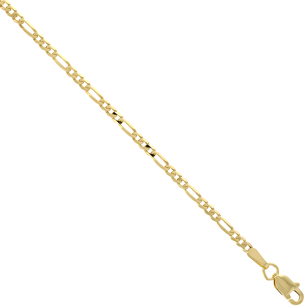 10K Solid Yellow Gold FIGARO Chain Necklace Concave 2.23 mm Nickel Free, 16-26 inches long