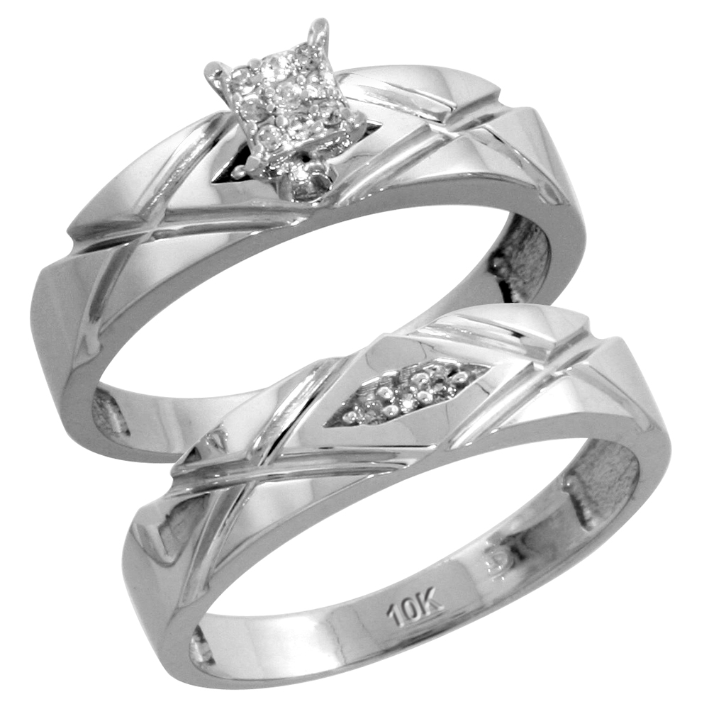 10k White Gold Diamond Engagement Rings Set for Men and Women 2-Piece 0.10 cttw Brilliant Cut, 5mm & 6mm wide