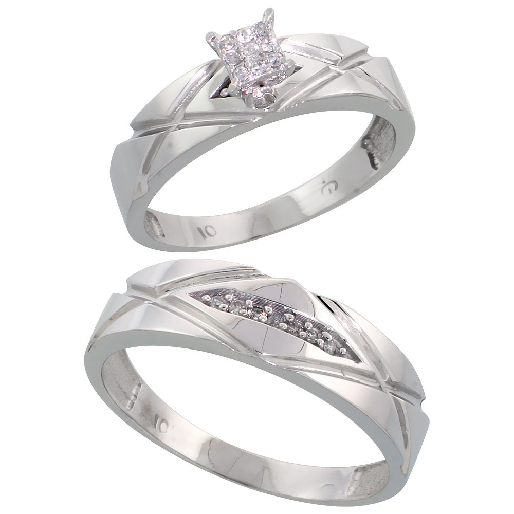 10k White Gold Diamond Engagement Rings Set for Men and Women 2-Piece 0.10 cttw Brilliant Cut, 5mm &amp; 6mm wide