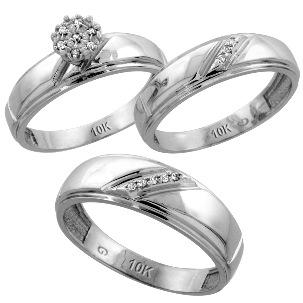 10k White Gold Diamond Trio Engagement Wedding Ring Set for Him and Her 3-piece 7 mm & 5.5 mm wide 0.09 cttw Brilliant Cut, ladies sizes 5 � 10, mens sizes 8 - 14