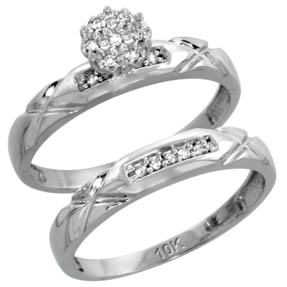 10k White Gold Diamond Trio Wedding Ring Set 3-piece His &amp; Hers 4 &amp; 3.5 mm 0.13 cttw, sizes 5 14